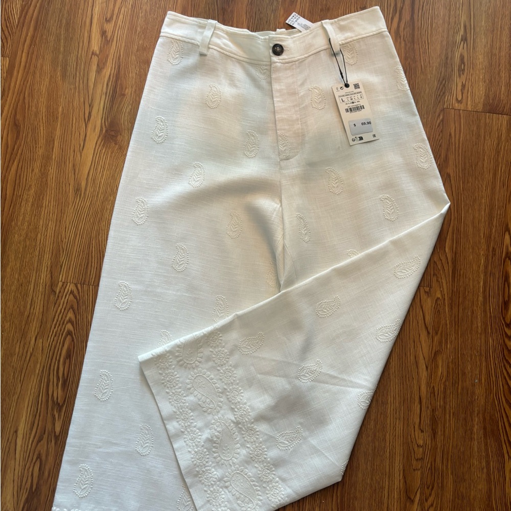 Zara embroidered high waist chopped pants